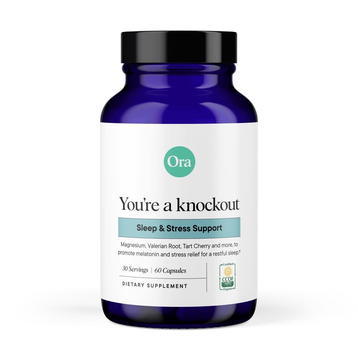 Ora Organic Natural Sleep Aid Supplement Stress Support Calming Herbal Blend with Melatonin from Tart Cherry - Includes Magnesium Citrate, Valerian Root, and Lemon Balm - 1 Month Supply, 60 Capsules