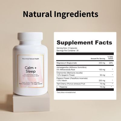 Nourished Natural - Calm Sleep Capsules for Deep Rest Relaxation with Ashwagandha, Chamomile, Tart Cherry Extract, Passionflower, L-theanine, Magnesium - 180 Capsules