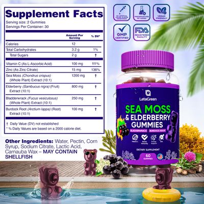 LetaGreen Irish Sea Moss Gummies - Sea Moss Bladderwrack Burdock Elderberry - 60 Vegan Seamoss Bears - Elderberry Gummies for Kids Adults with Vitamin C Zinc