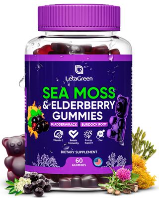 LetaGreen Irish Sea Moss Gummies - Sea Moss Bladderwrack Burdock Elderberry - 60 Vegan Seamoss Bears - Elderberry Gummies for Kids Adults with Vitamin C Zinc