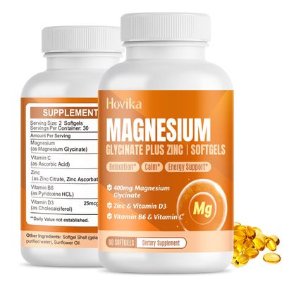 Magnesium Glycinate Supplement Softgels, Magnesium Glycinate 400mg with Zinc, Vitamin B6, C, D3, Pure Magnesium for Sleep, Calm, Muscle, Energy, Heart Support - 60 Vegan Capsules for Women Men