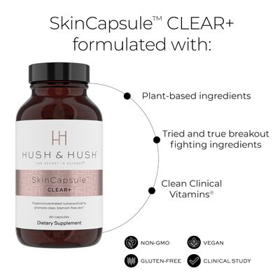 Hush Hush SkinCapsule Clear, Skin Care Supplement, Vegan, Acne Treatment for face, Clean Nutraceuticals Supplements That Contains Vitamin A, Turmeric, Dandelion Root, Zinc - 60 Capsules