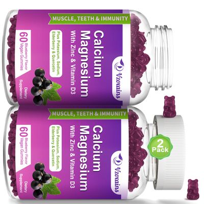 VZOXAINS High Absorption Calcium Gummies, Calcium Magnesium Zinc with Magnesium Glycinate, Potassium, Vitamin D3 for Women Men- Blueberry Flavor 120 Cts