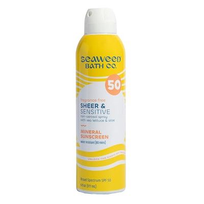 Seaweed Bath Co. Sheer Mineral Sensitive SPF 50 Broad Spectrum Sunscreen Spray, 6 Ounce, Fragrance Free, Sustainably Harvested Seaweed, Sea Lettuce, Aloe
