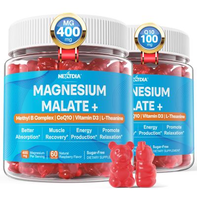 Magnesium Malate Gummies for Adults - Energy, Muscle, Calm Relax Support - Magnesium 400mg plus CoQ10-100mg, L-Theanine, Vitamin D3, B6, B12 Folate 5-MTHF, Sugar Free Magnesium Supplement, 2Pack