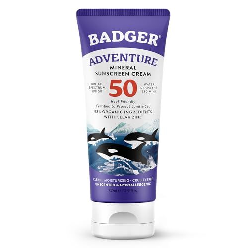 Badger Mineral Sunscreen SPF 50 Zinc Oxide Sunscreen with 98 Organic Ingredients, Reef-Safe, Broad-Spectrum, Hypoallergenic, Water Resistant, Unscented Adventure Sport 2.9 fl oz