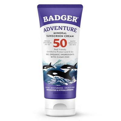 Badger Mineral Sunscreen SPF 50 Zinc Oxide Sunscreen with 98 Organic Ingredients, Reef-Safe, Broad-Spectrum, Hypoallergenic, Water Resistant, Unscented Adventure Sport 2.9 fl oz