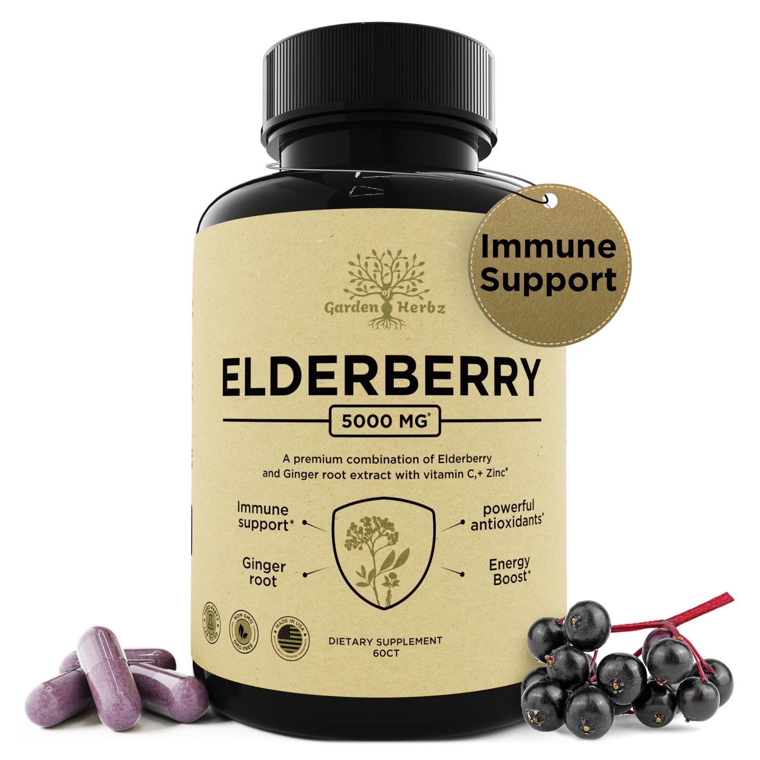 Garden of Herbz Elderberry with Vitamin C, Zinc, Ginger - Potent Immune Booster 5000 Mg Elderberry, Zinc, Vitamin C - Non-GMO Immunity Vitamins for Adults to Help You Feel Vibrant, 60 Caps.