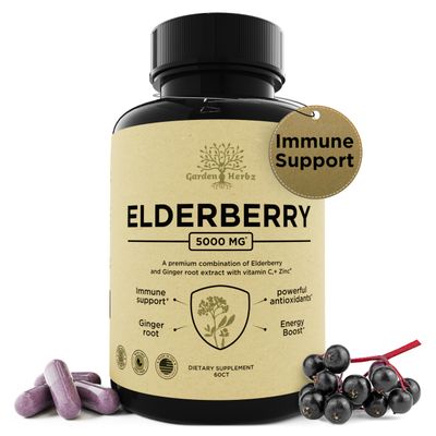 Garden of Herbz Elderberry with Vitamin C, Zinc, Ginger - Potent Immune Booster 5000 Mg Elderberry, Zinc, Vitamin C - Non-GMO Immunity Vitamins for Adults to Help You Feel Vibrant, 60 Caps.