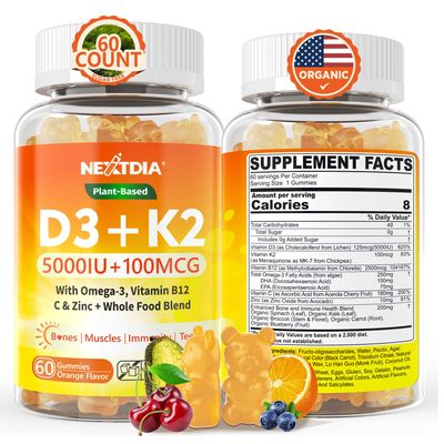 Organic Plant D3 5000 IU K2(MK-7)100 mcg -5X Absorption Than Standard D3K2, 100 Whole Food Derived Omega-3,Methyl B12,Vitamin C, Zinc,and 5 Organic Vegetables,Supports Bone Teeth Strength, 1 Pack
