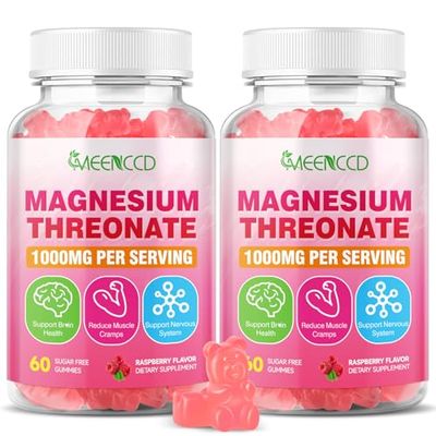 2 Pack Magnesium Threonate Gummies 1000mg, Magnesium L-Threonate Supplement for Kids Adults, Muscle Nervous System Support, Non-GMO, Sugar-Free, Raspberry Flavor, 120 Count
