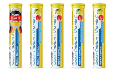 German Calcium VIT. C - 100 Vegan Drink Effervescent Tablets - Lemon Lime Flavor - Made in Germany