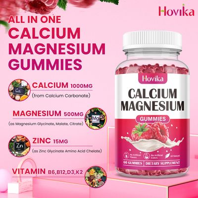 Calcium Magnesium Zinc Gummies, Calcium Magnesium 2:1 Ratio with Vitamin D3, K2, B6, B12 for Bone Strength, Muscle Function Nerve Health, Extra Absorption Formula, Vegan, Raspberry Flavor 60 Gummies