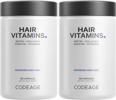 Codeage Hair Vitamins 10000 mcg Biotin, Keratin, Collagen, Vitamin A, B12, C, D3, E, Zinc, Turmeric, Probiotics, Enzymes, Inositol - Hair Care Support - Healthy Hair Supplement Pills - 2 Pack