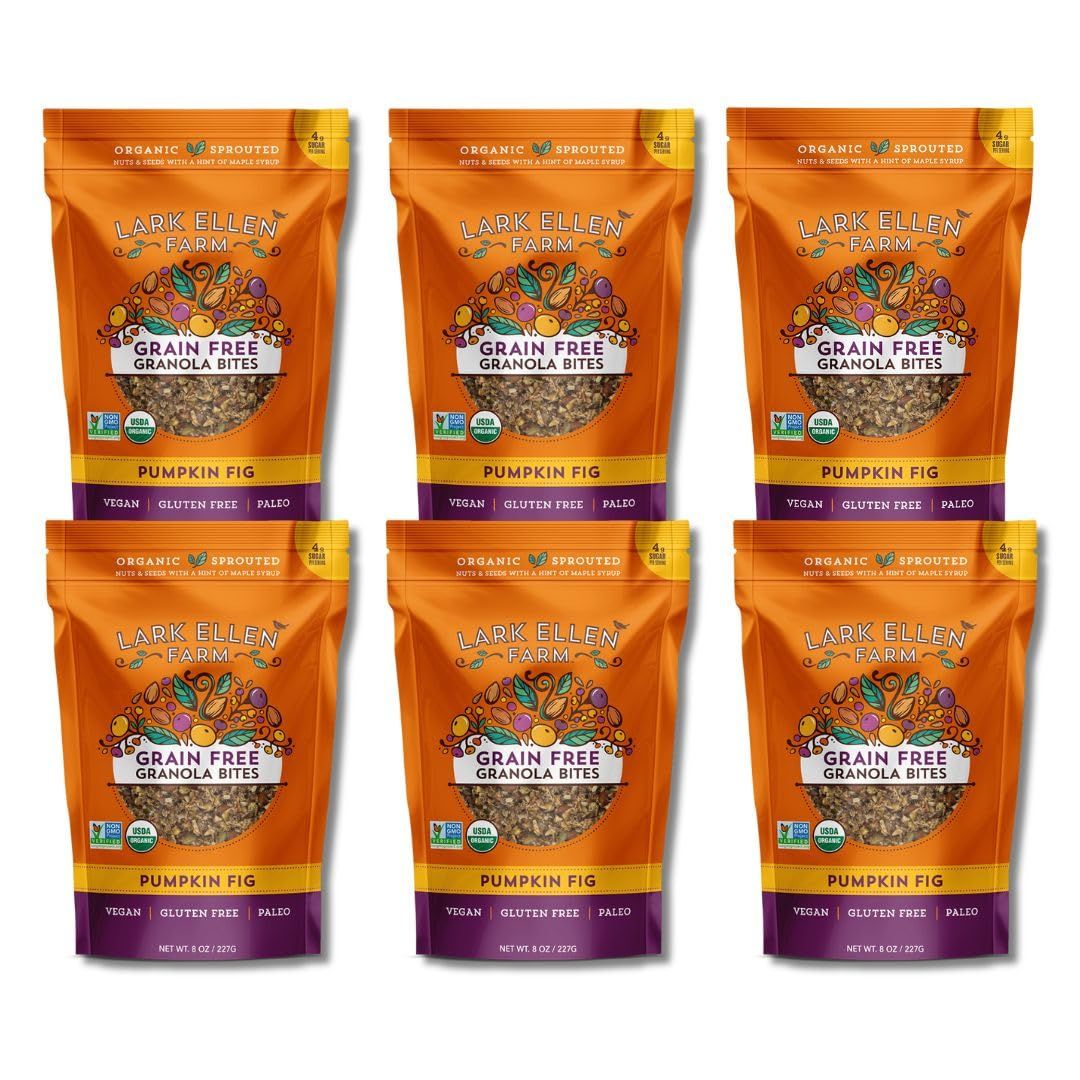 Lark Ellen Farm Pumpkin Fig Grain Free Granola Organic, Raw Sprouted Certified Organic Low Sugar Vegan Granola Clusters, Crunchy Gluten Free Granola Bites for Cereal or Yogurt 8 oz (6 Pack)