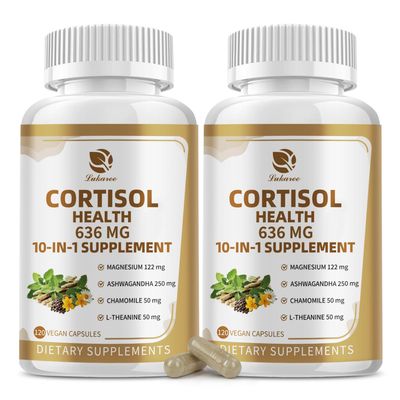 10-in-1 Cortisol Supplements with Magnesium, Ashwagandha, Chamomile, L-Theanine, Phosphatidylserine, St. John&#39;s Wort, Rhodiola, Vitamin C D3, for Women Men, 240 Vegan Capsules for 4 Month, Non-GMO