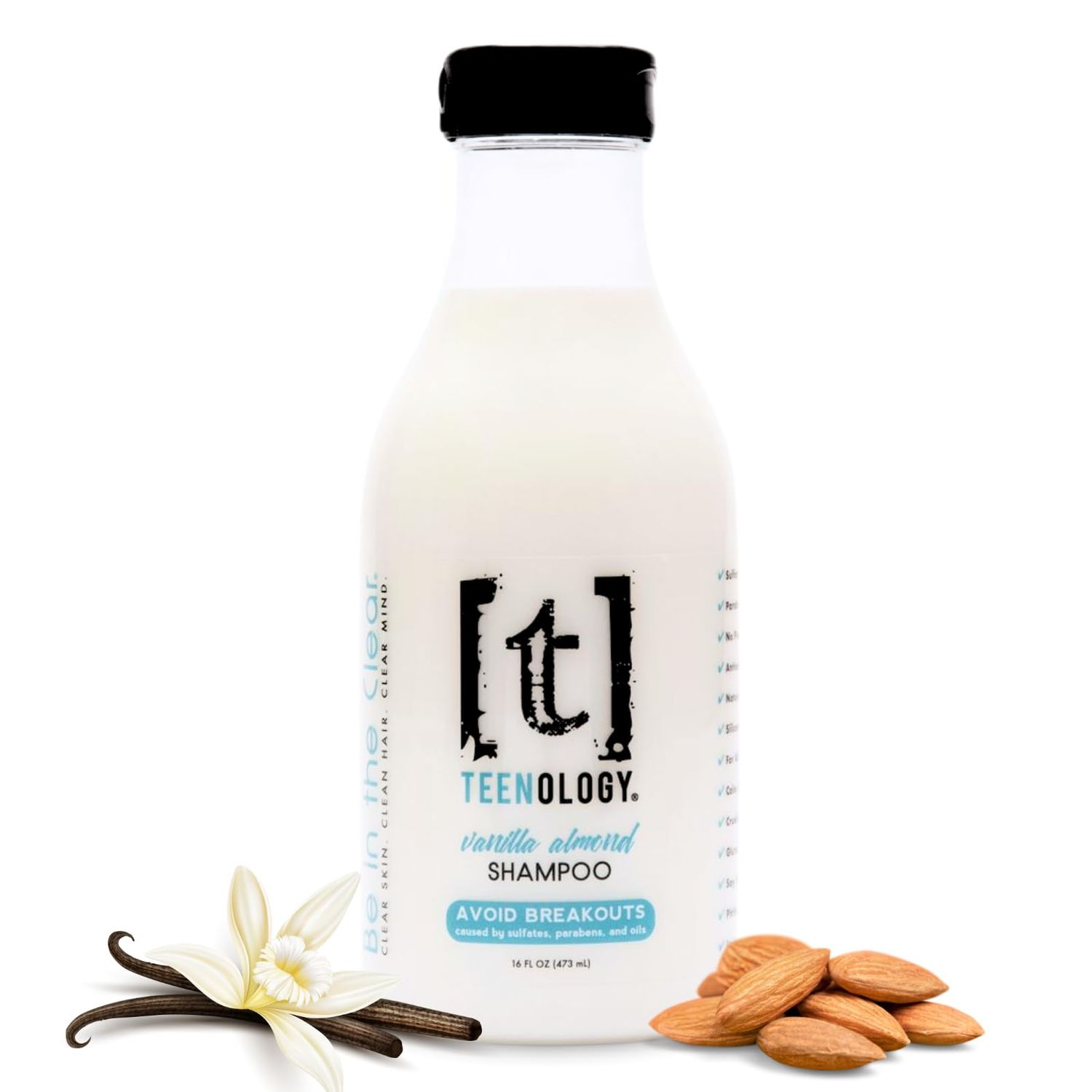 Teenology Shampoo for Teens, For Clear Skin and Healthy Hair, Natural Botanical Extracts, 16 oz. (Vanilla Almond)
