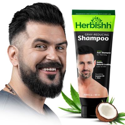 Herbishh Gray Reducing Shampoo for Men, Hair Darkening Volume Boost with Every Wash, Cleanses Revitalizes, Easy At-Home Use, Safe for Light Brown to Black Shades, All Hair Types 6.09 fl.oz