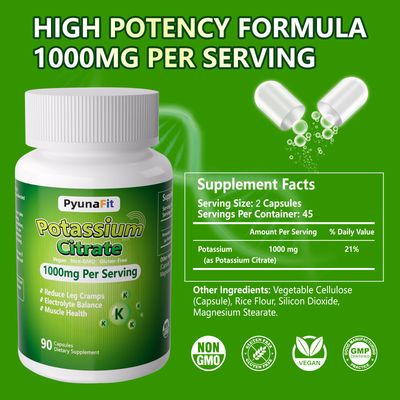 PYUNAFIT Potassium Supplement 1000mg - High Potassium Citrate for Leg Cramps, Muscle Health, and Heart Support, Non-GMO Gluten-Free, 90 Capsules