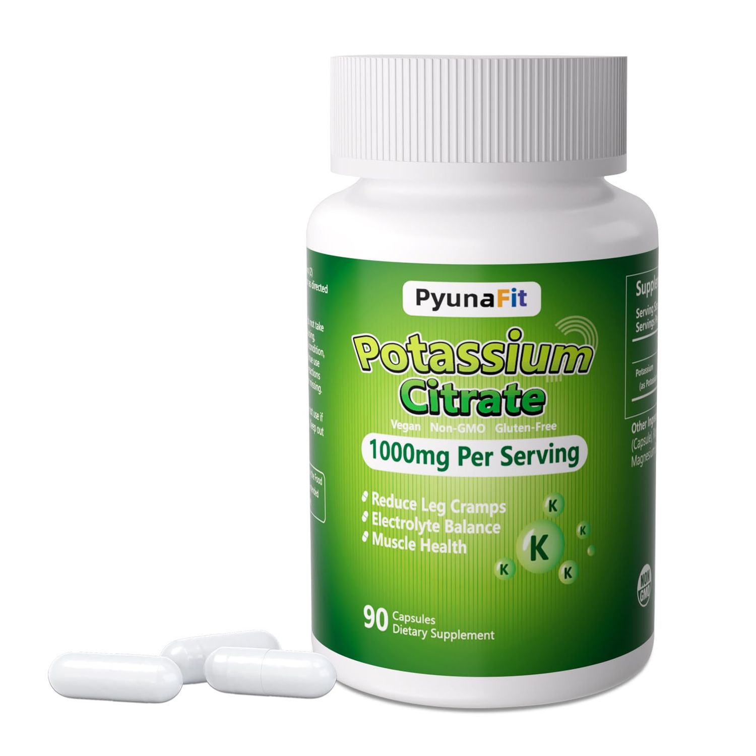 PYUNAFIT Potassium Supplement 1000mg - High Potassium Citrate for Leg Cramps, Muscle Health, and Heart Support, Non-GMO Gluten-Free, 90 Capsules