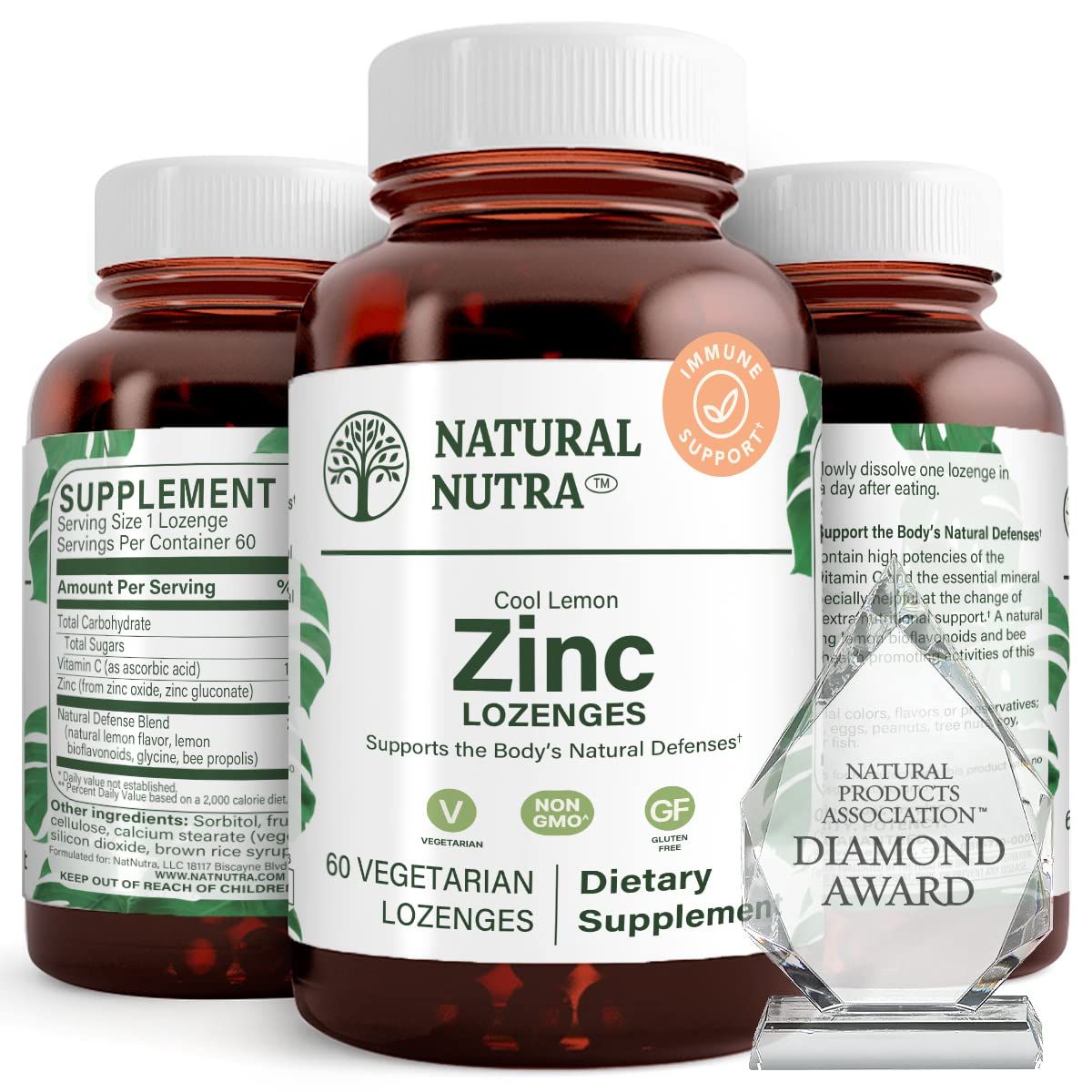 Natural Nutra Zinc Lozenges with Vitamin C, Lemon Flavor, Support Immune, Nervous System Bone Strength, Fortified with Bioflavonoids and Bee Propolis, Sublingual Zinc Gluconate, 60 Vegetarian