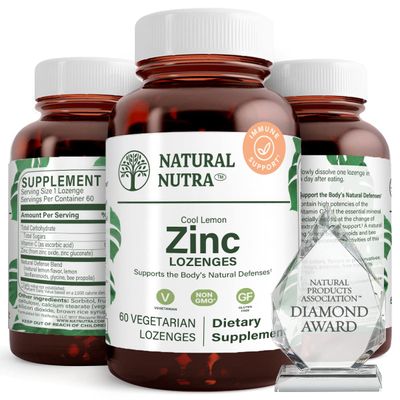 Natural Nutra Zinc Lozenges with Vitamin C, Lemon Flavor, Support Immune, Nervous System Bone Strength, Fortified with Bioflavonoids and Bee Propolis, Sublingual Zinc Gluconate, 60 Vegetarian
