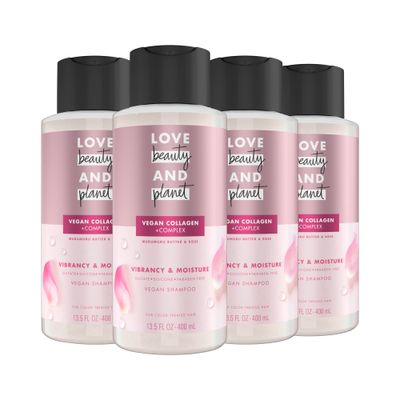 Love Beauty and Planet Vegan Collagen Moisture Shampoo Murumuru Butter Rose Pack of 4 for Color-Treated Hair Vibrancy, 13.5 oz