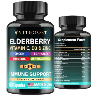 Elderberry Immune Support Supplement 8-in-1 Formula with Echinacea, Vitamin C Zinc, Vitamin D 5000 IU, Turmeric, Ginger, Ashwagandha - 60 Capsules