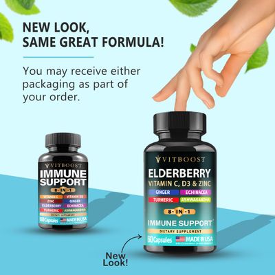 Elderberry Immune Support Supplement 8-in-1 Formula with Echinacea, Vitamin C Zinc, Vitamin D 5000 IU, Turmeric, Ginger, Ashwagandha - 60 Capsules