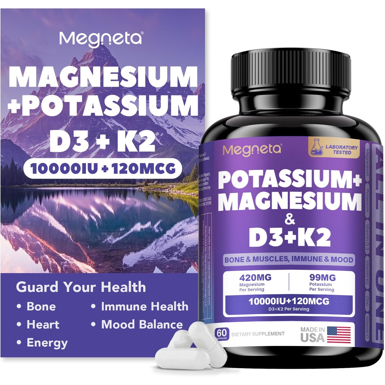 Magnesium Potassium Vitamin D3 K2 10000IU120MCG Supplement - Supports Bone, Heart, Immune Health, Mood Balance Energy for Women Men - Enhanced Absorption, Non-GMO - 60 Capsules
