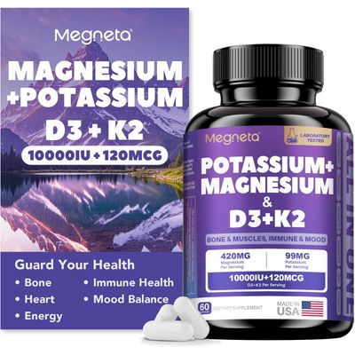 Magnesium Potassium Vitamin D3 K2 10000IU120MCG Supplement - Supports Bone, Heart, Immune Health, Mood Balance Energy for Women Men - Enhanced Absorption, Non-GMO - 60 Capsules