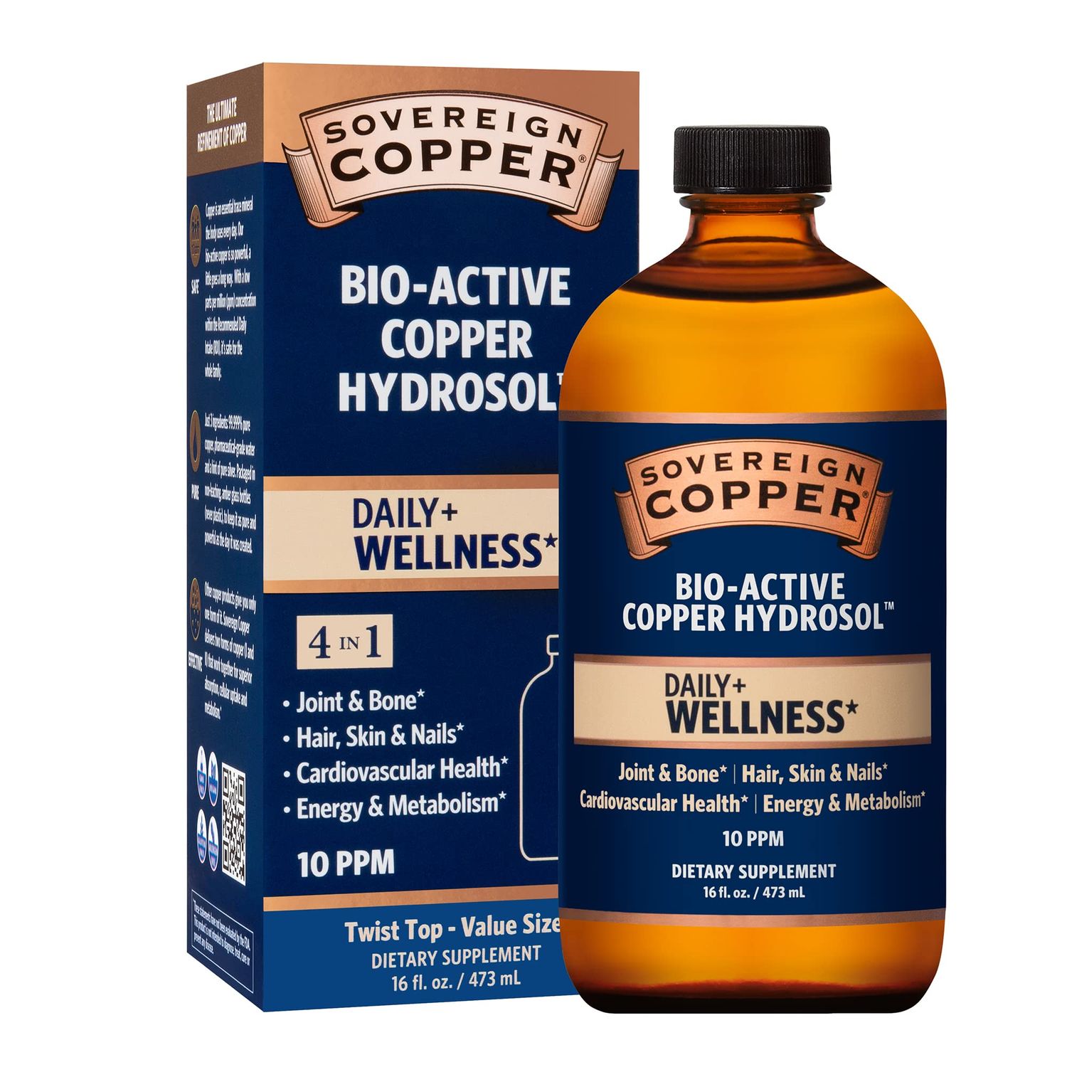 Sovereign Copper Bio-Active Copper Hydrosol, Daily 4-in-1 Wellness Supplement for Joint and Bone, Hair, Skin and Nails, Cardiovascular Health and Energy and Metabolism Support, 16oz