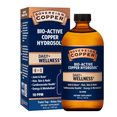 Sovereign Copper Bio-Active Copper Hydrosol, Daily 4-in-1 Wellness Supplement for Joint and Bone, Hair, Skin and Nails, Cardiovascular Health and Energy and Metabolism Support, 16oz