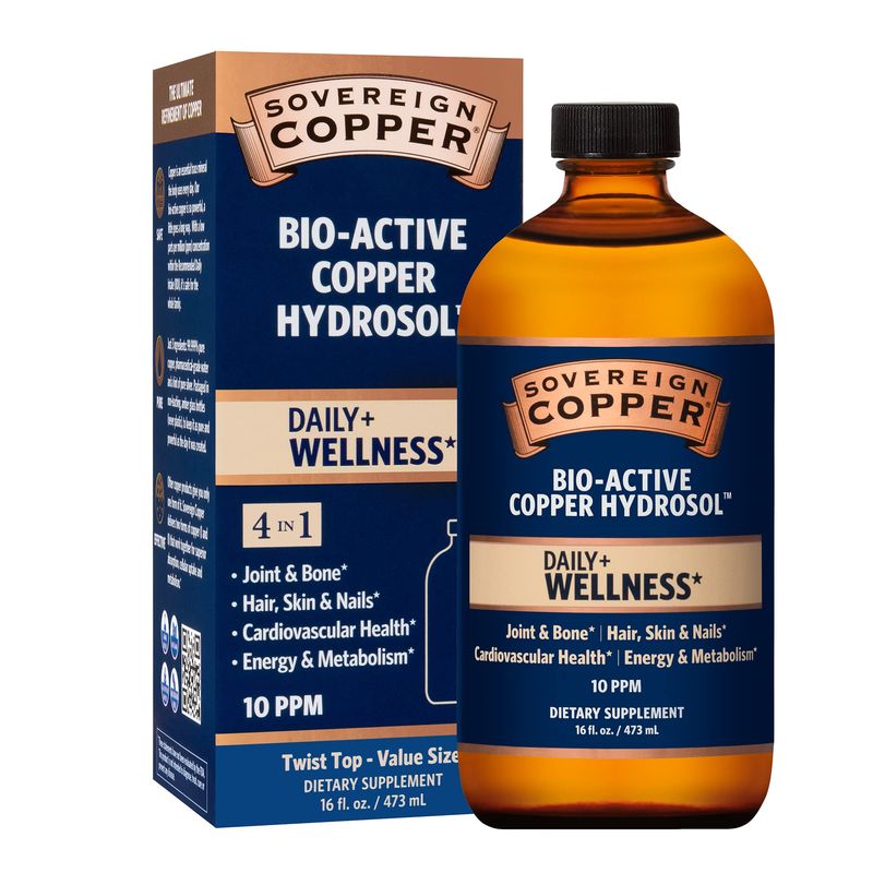 Sovereign Copper Bio-Active Copper Hydrosol, Daily 4-in-1 Wellness Supplement for Joint and Bone, Hair, Skin and Nails, Cardiovascular Health and Energy and Metabolism Support, 16oz