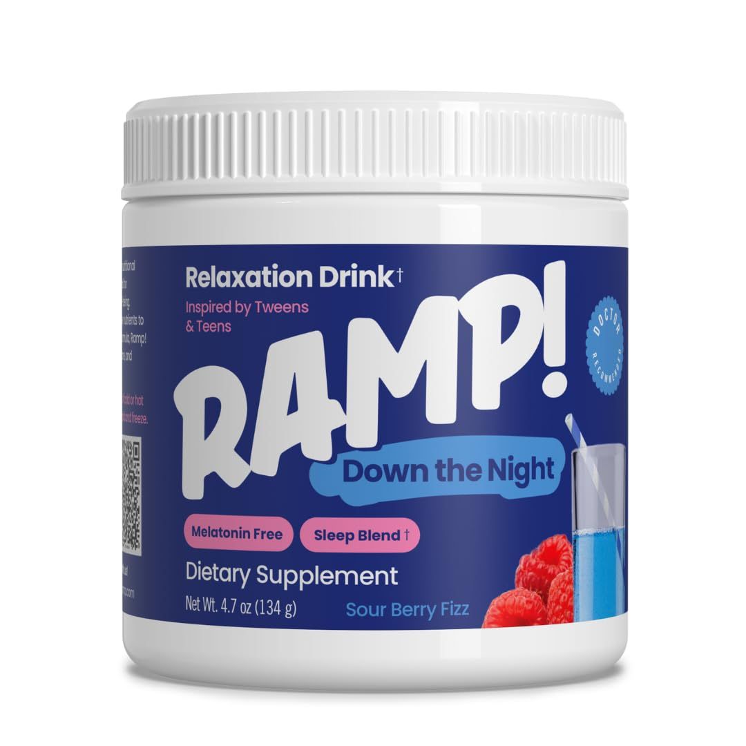Ramp! Down The Night - Melatonin-Free Relaxation Drink Mix for Tweens Teens - Supports Sleep with Glycine, Magnesium, GABA, Theanine, Calcium, Tart Cherry - Sour Berry Flavor, 4.7 oz
