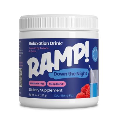 Ramp! Down The Night - Melatonin-Free Relaxation Drink Mix for Tweens Teens - Supports Sleep with Glycine, Magnesium, GABA, Theanine, Calcium, Tart Cherry - Sour Berry Flavor, 4.7 oz