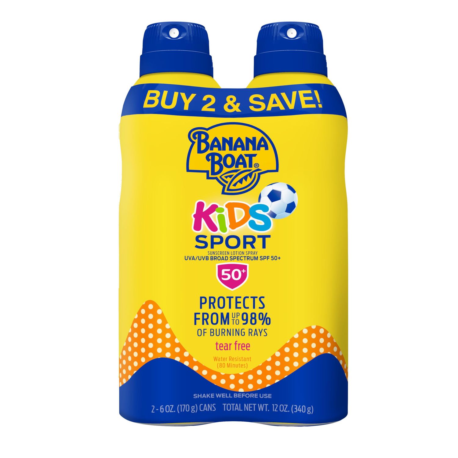 Banana Boat Sport Kids Sunscreen Spray SPF 50, Twin Pack Spray Sunscreen for Kids, Childrens Sunblock SPF 50, Oxybenzone-Free, 6oz each