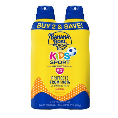 Banana Boat Sport Kids Sunscreen Spray SPF 50, Twin Pack Spray Sunscreen for Kids, Childrens Sunblock SPF 50, Oxybenzone-Free, 6oz each