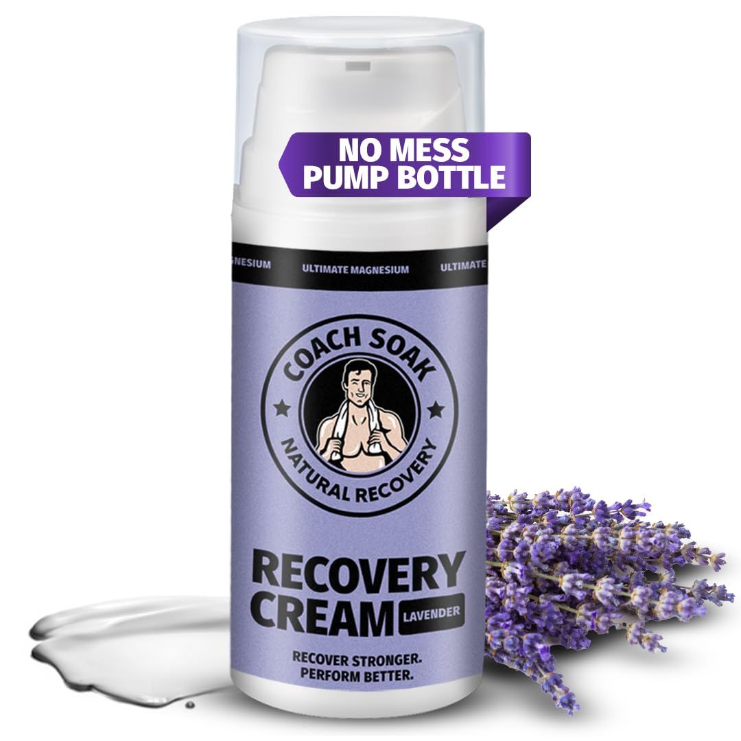 Coach Soak Magnesium Cream with MSM in Pump Bottle - Natural Recovery Cream with Magnesium Chloride Menthol - Fast-Absorbing for Muscles Joints, Lavender 3.4oz