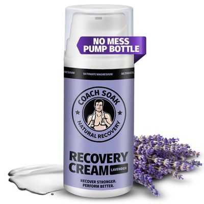 Coach Soak Magnesium Cream with MSM in Pump Bottle - Natural Recovery Cream with Magnesium Chloride Menthol - Fast-Absorbing for Muscles Joints, Lavender 3.4oz