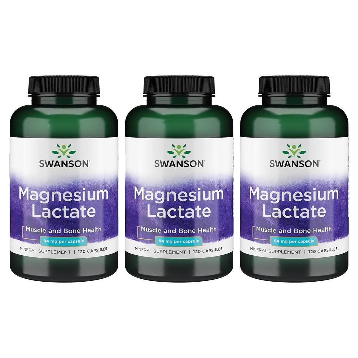 Swanson Magnesium Lactate - Mineral Supplement Promoting Muscle and Bone Health Support - Lactose-Free Lactate Mineral Form for Gentle Absorption - (120 Capsules, 84mg Each) (3 Pack)