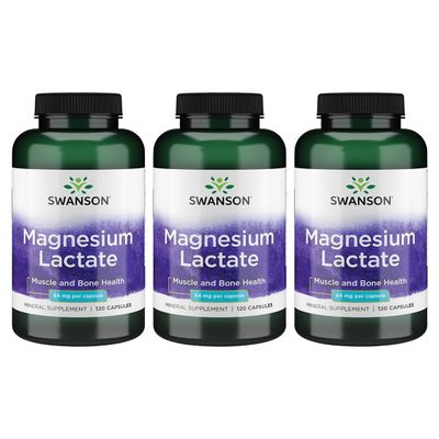 Swanson Magnesium Lactate - Mineral Supplement Promoting Muscle and Bone Health Support - Lactose-Free Lactate Mineral Form for Gentle Absorption - (120 Capsules, 84mg Each) (3 Pack)