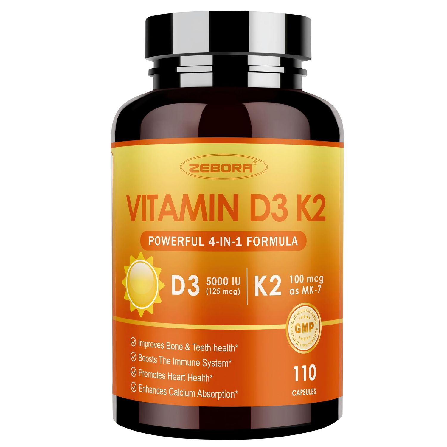 ZEBORA Vitamin D3 K2 Supplement Synergistic Power of Vitamin K2 (MK7), Vitamin D3 5000iu, Zinc and Selenium, Easy - to - Swallow Complex, 110 Count