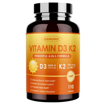 ZEBORA Vitamin D3 K2 Supplement Synergistic Power of Vitamin K2 (MK7), Vitamin D3 5000iu, Zinc and Selenium, Easy - to - Swallow Complex, 110 Count