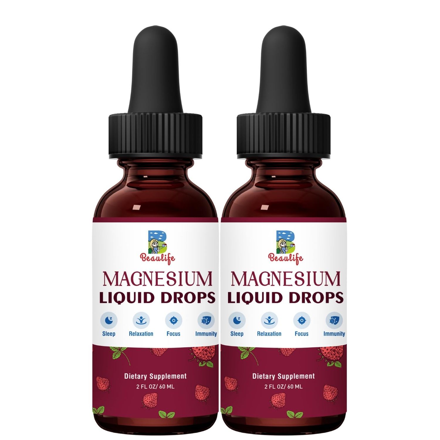 (2 Pack) Magnesium Liquid Drop, 1000mg Magnesium Supplement with Magnesium Glycinate Citrate, Strawberry Flavor, Calm Mood, Sleep Relaxation, Immune, Heart for Adults and Kids