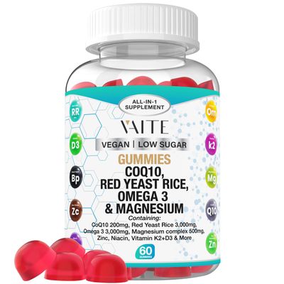 CoQ10 200mg Gummies with Red Yeast Rice Magnesium Glycinate - Omega-3, Zinc, and Vitamin K2D3 for Overall Health - Supplements for Adults - 60 Chewable Gummies