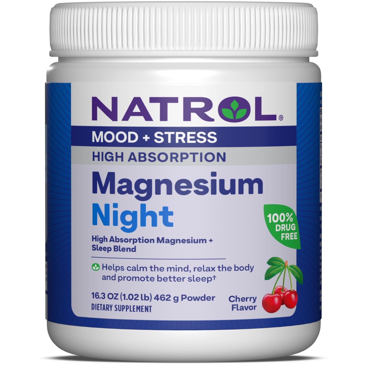 Natrol Mood Stress High Absorption Night Magnesium Carbonate and Magnesium Glycinate 325mg with a Blend of Glycine, GABA, Lemon Balm and Melatonin, 16.3 OZ Cherry-Flavored Powder, 60 Day Supply