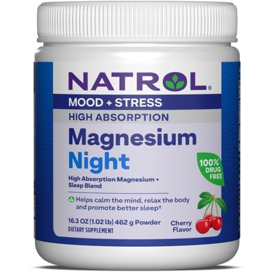 Natrol Mood Stress High Absorption Night Magnesium Carbonate and Magnesium Glycinate 325mg with a Blend of Glycine, GABA, Lemon Balm and Melatonin, 16.3 OZ Cherry-Flavored Powder, 60 Day Supply