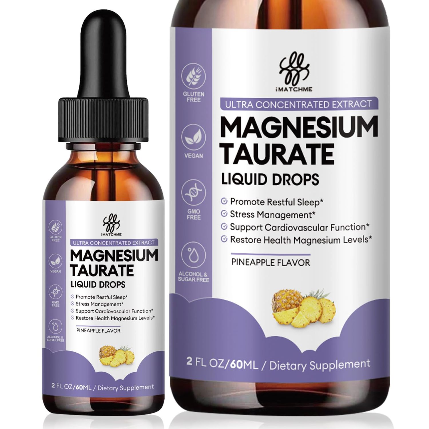 Magnesium Taurate Liquid Drop for Muscle Function, Nerve and Heart Health Support, High Absorption Magnesium Supplement with B6, CoQ10, Vegan, Non-GMO, GlutenSugar Free Pineapple Flavor, 2 Fl Oz
