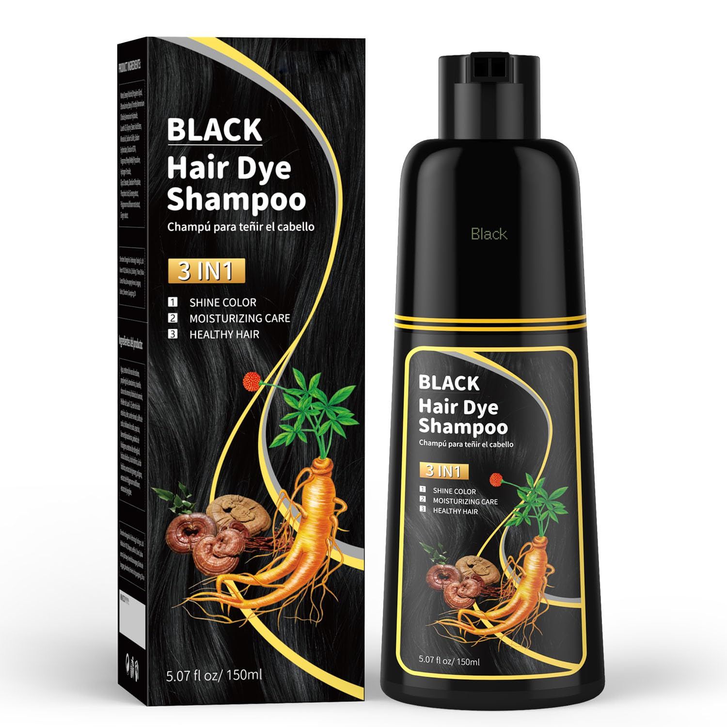 KAISASA Black Hair Dye Shampoo 3 in 1 for Gray Hair, Hair Color Shampoo for Women Men Grey Hair Coverage 150ml (Black)